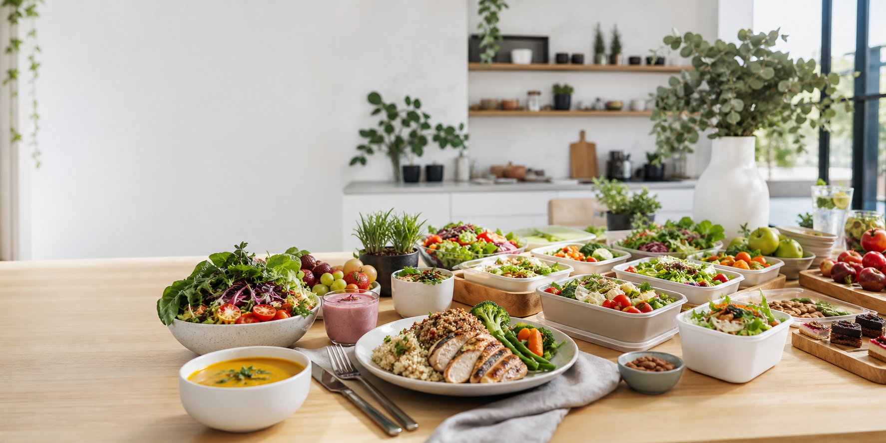 Elegancki stół z daniami cateringowymi, sałatkami i lunch boxami